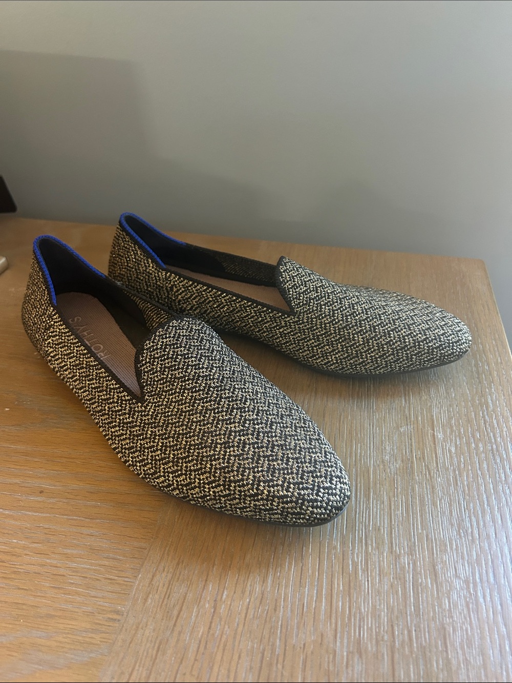 Rothy's Black & White Tweed Slip-On Flats with Blue Trim